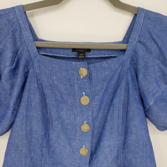 Ann Taylor Puff Sleeve Square Neck Top XXSP Linen Cotton Blend Button Down Blue - Picture 8 of 9